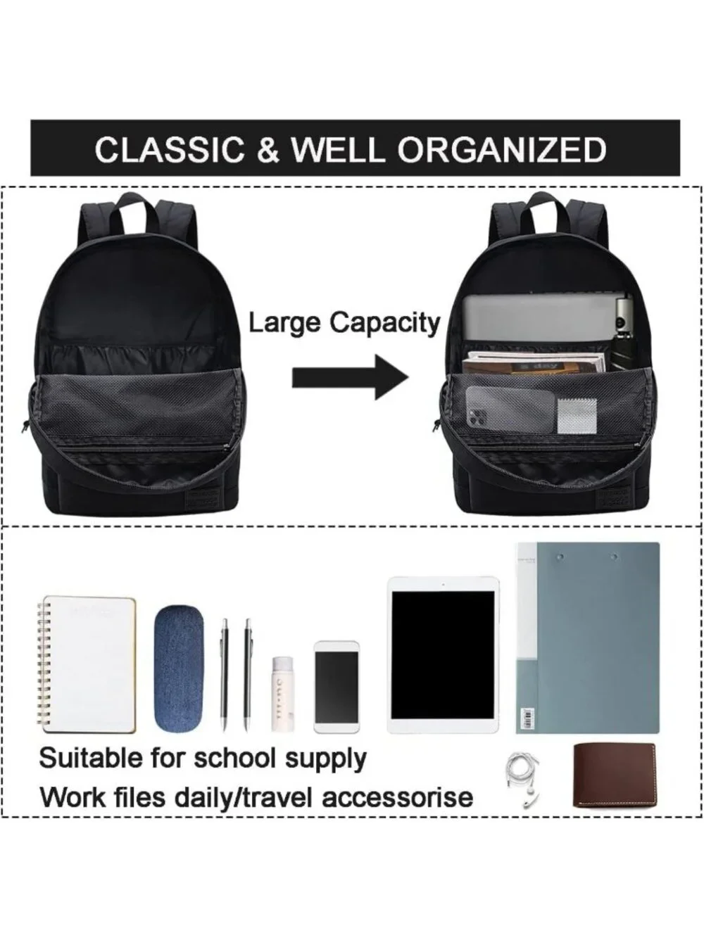 Stylish Lightweight Black Laptop Backpack for Work, School & Travel - Unisex